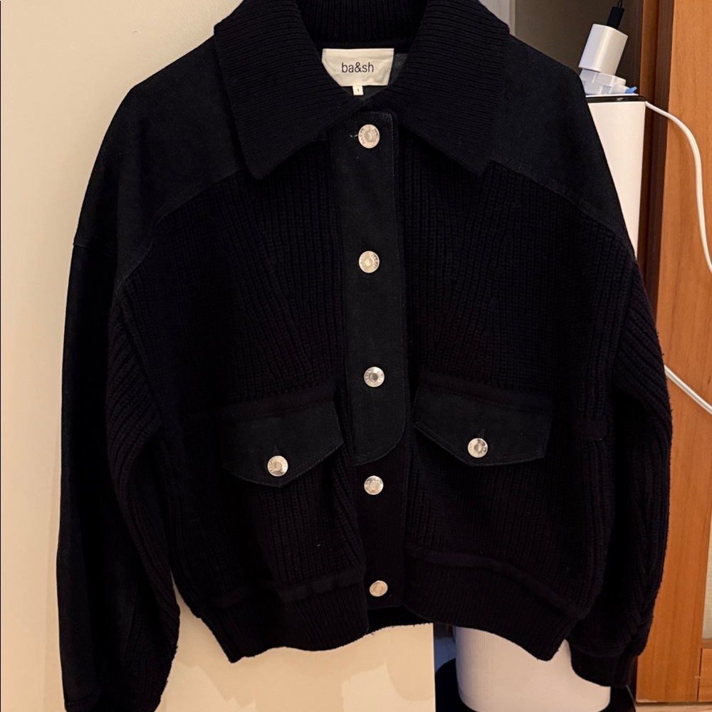 Ba&sh Navy Knit Jacket with Silver Buttons